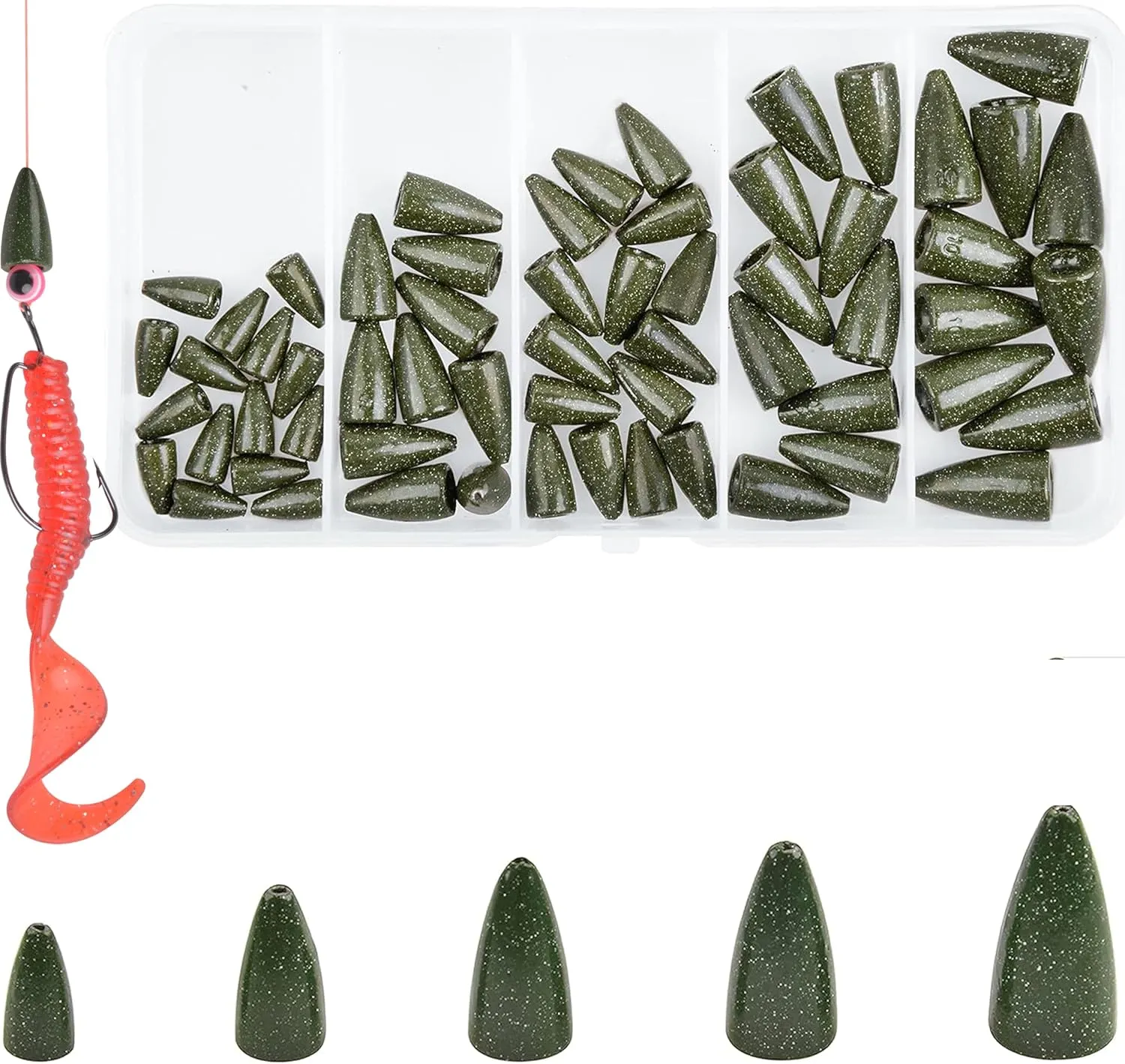 Bullet Fishing Sinkers Bass Fishing Weights Kit, 60pcs Worm Fishing Slip Weights Painted Pitching Flipping Weight Worm Weights for Bass Fishing Texas Rig Carolina Rig