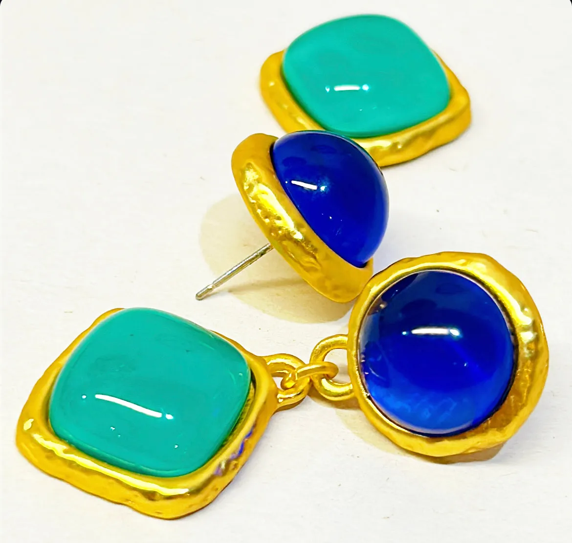 Classic green &amp; blue pierced style earrings with cabochon style stone accents.