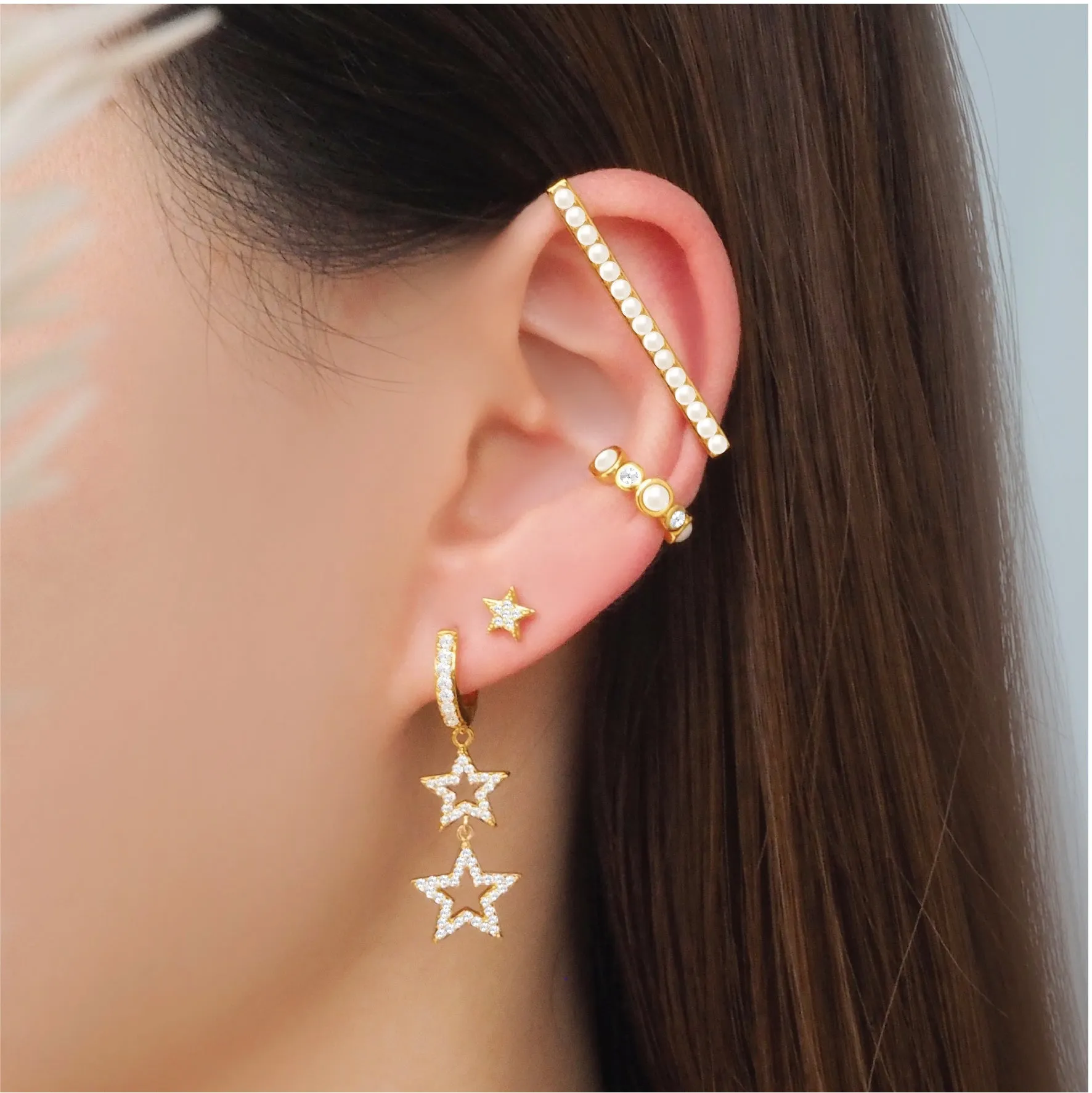 Classic Pearls with Crystal Bezel Ear Cuff
