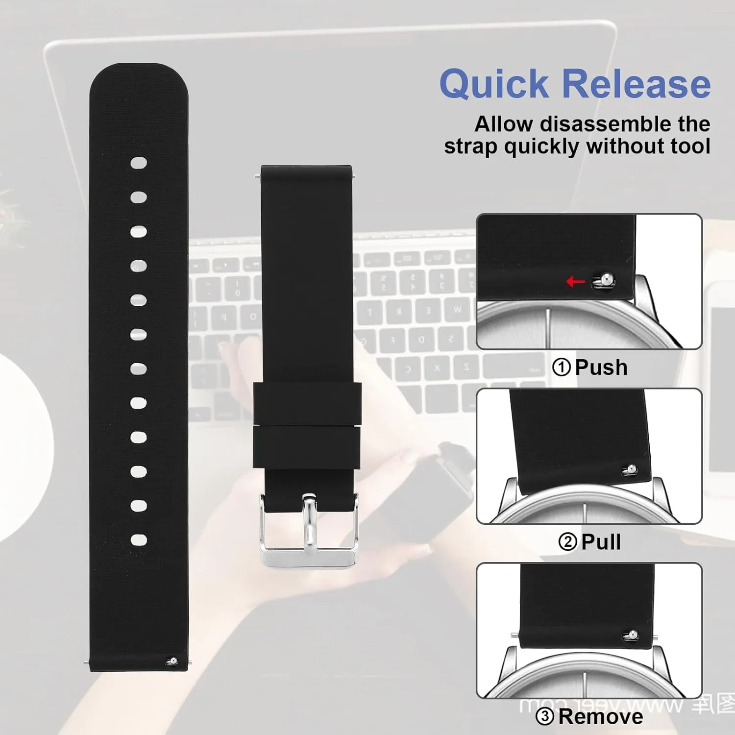 cobee Silicone Watch Bands, Quick Release Waterproof Soft Rubber Replacement Straps with Silver Plated Stainless Steel Buckle Smart Watch Straps Sport Watchbands for Men Women