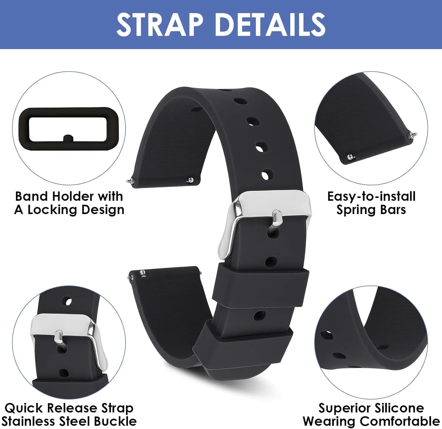 cobee Silicone Watch Bands, Quick Release Waterproof Soft Rubber Replacement Straps with Silver Plated Stainless Steel Buckle Smart Watch Straps Sport Watchbands for Men Women