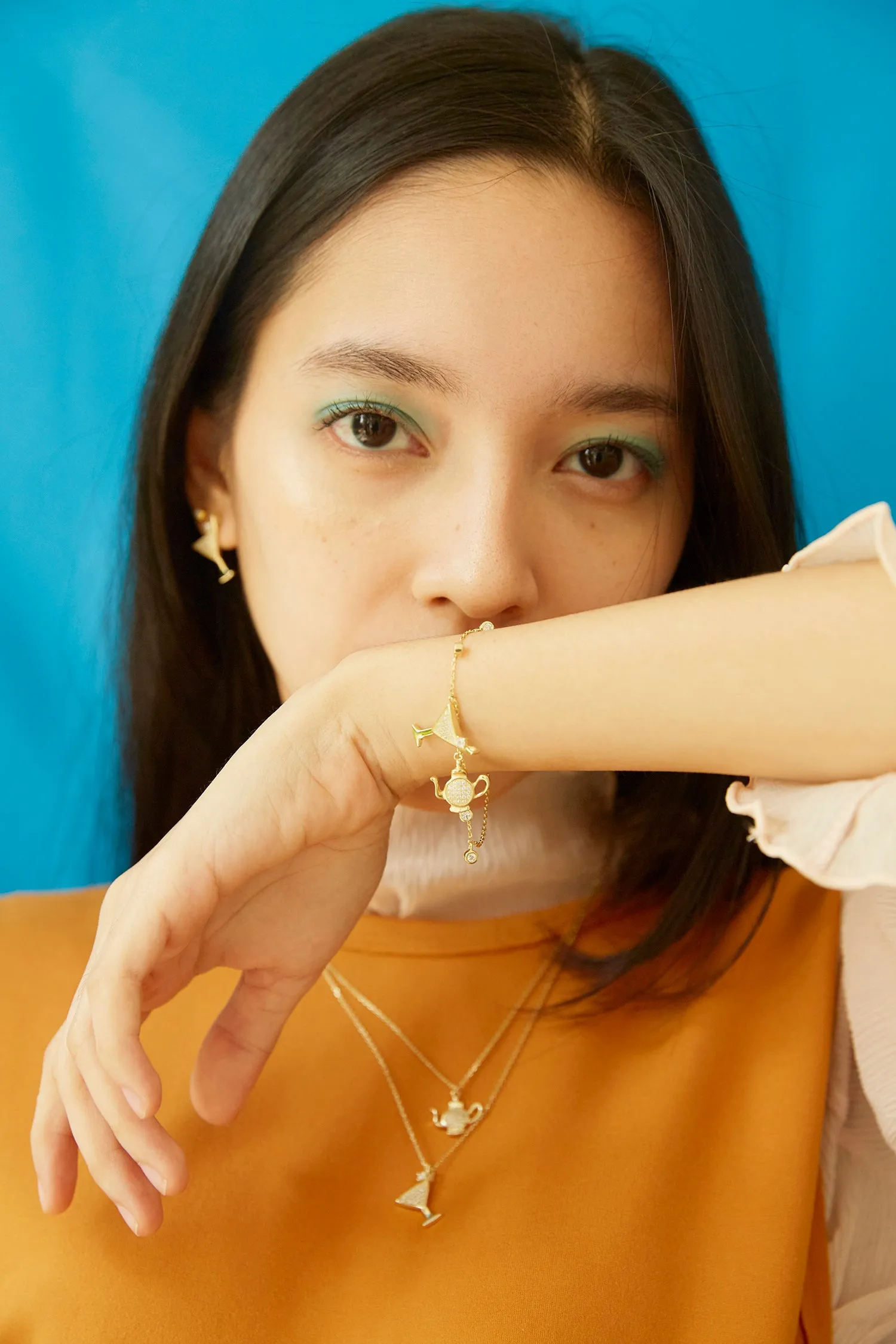 Cocktail & Teapot Bracelet - Gold with White CZ