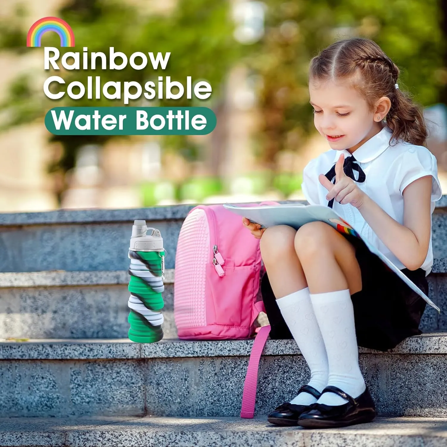 Collapsible Water Bottle for Adults, Boys, Students, Kids, Reusable Silicone Foldable Water Bottles for Travel Camping Hiking, Portable Sports Water Bottle,Green