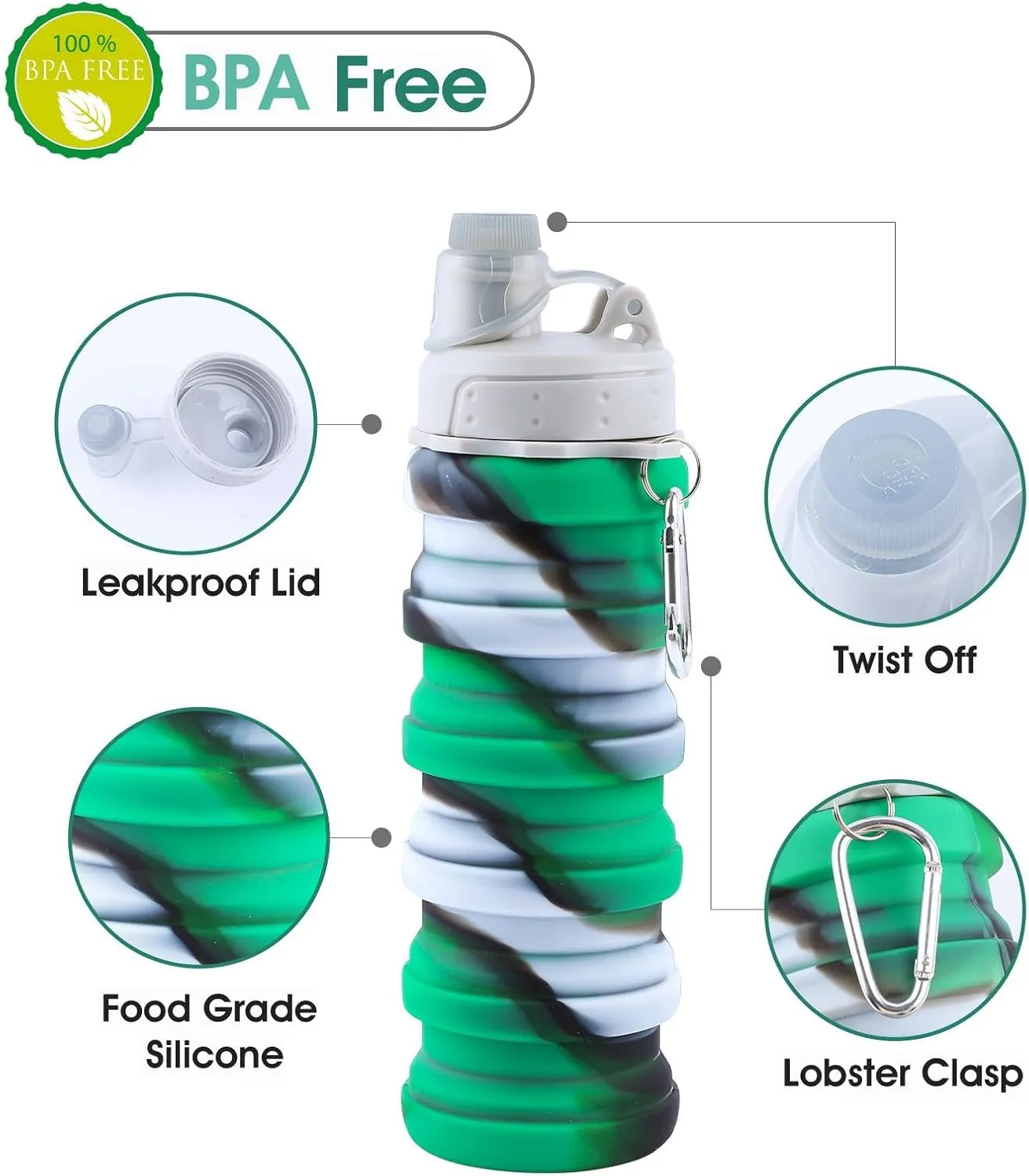 Collapsible Water Bottle for Adults, Boys, Students, Kids, Reusable Silicone Foldable Water Bottles for Travel Camping Hiking, Portable Sports Water Bottle,Green
