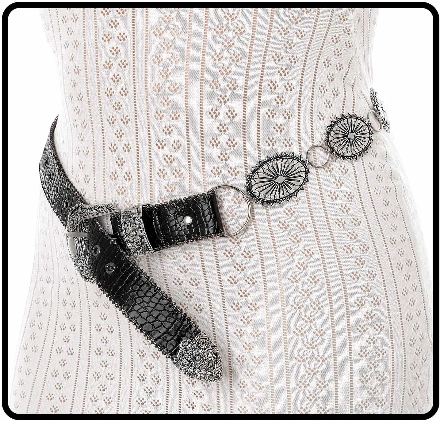 Concho West Belt Gold Adjustable Leather Metal Chain Waist Belt Women's Chic Accessories for Dress and Pants