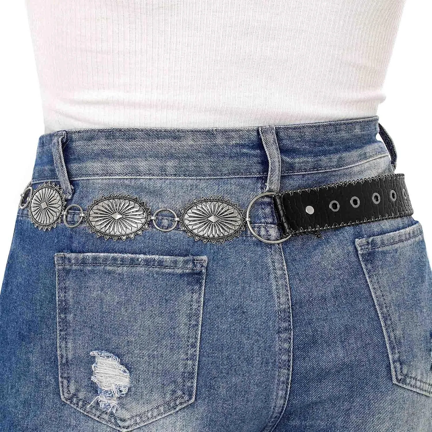 Concho West Belt Gold Adjustable Leather Metal Chain Waist Belt Women's Chic Accessories for Dress and Pants