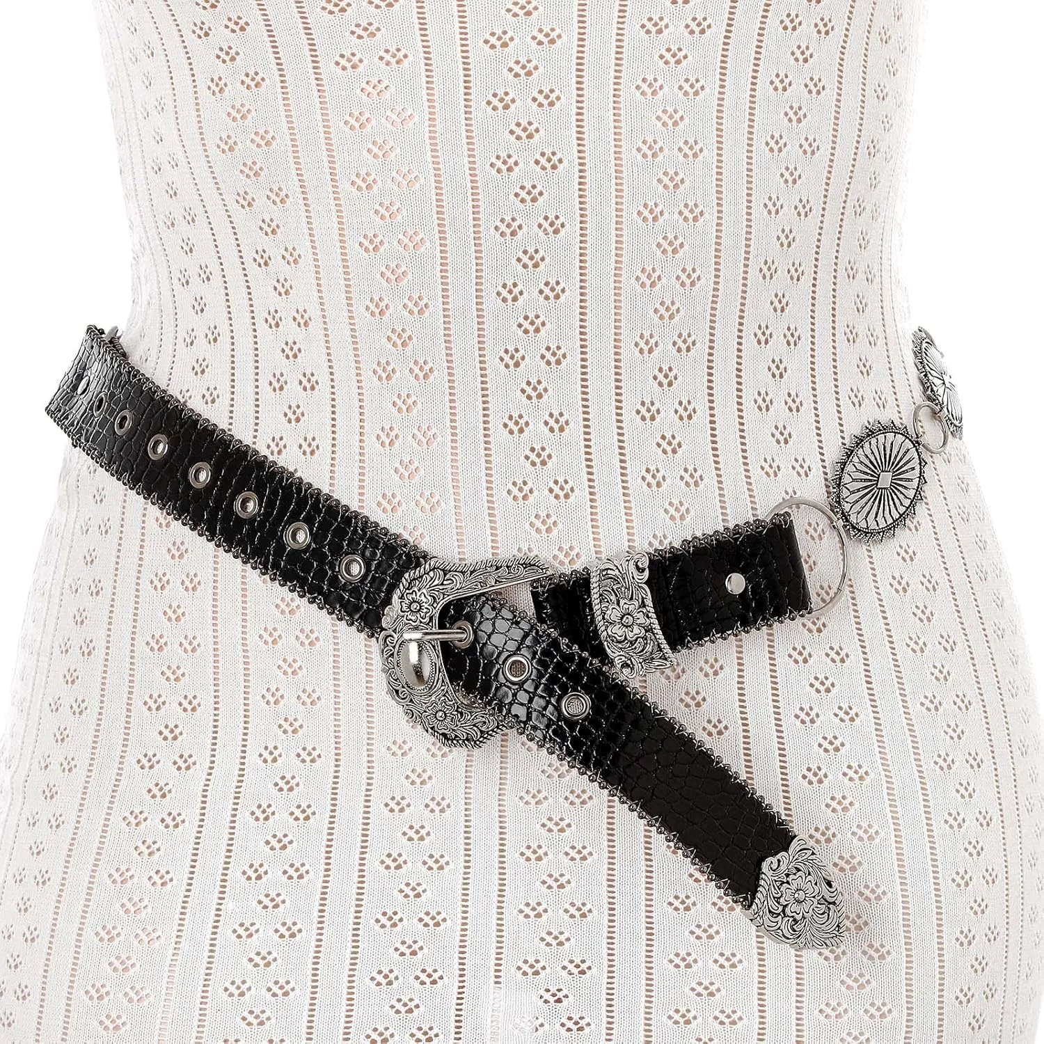 Concho West Belt Gold Adjustable Leather Metal Chain Waist Belt Women's Chic Accessories for Dress and Pants