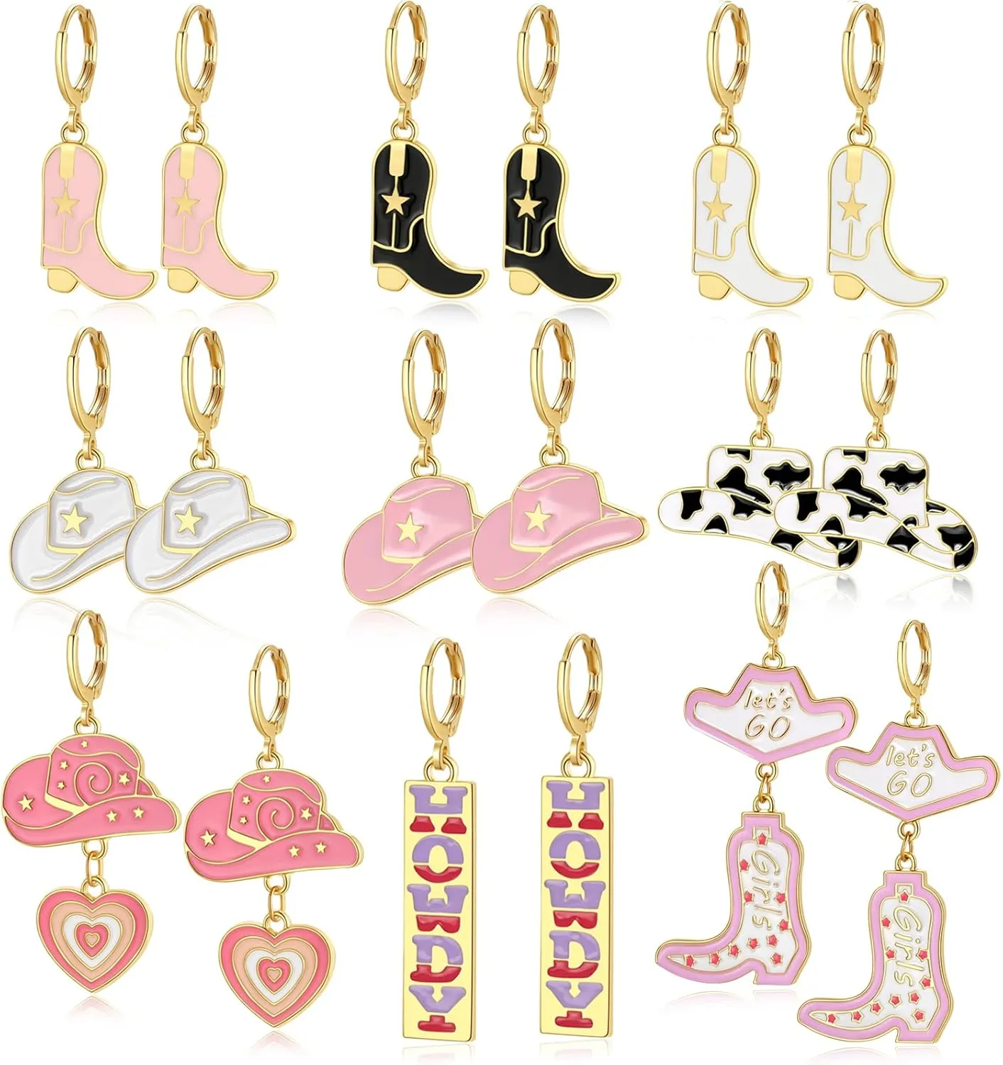 Cowgirl Earrings,9 Pairs Cowboy Boot Earrings,Western Cowgirl Boot Hat Dangle Earrings Gift