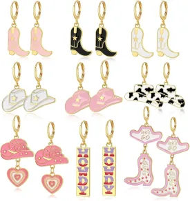 Cowgirl Earrings,9 Pairs Cowboy Boot Earrings,Western Cowgirl Boot Hat Dangle Earrings Gift