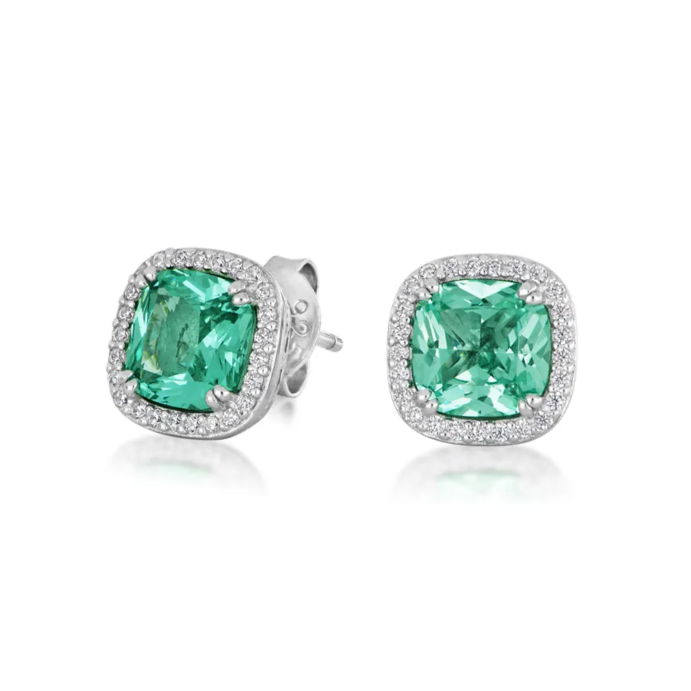 Cushion and Round Brilliant halo stud earrings with ocean green simulants and 0.25 carats* of diamond simulants in sterling silver