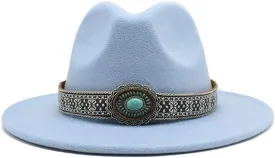DHAEY Autumn and Winter Vintage Woolen Hat Women's New National Style Jazz Woolen Hat Europe and America Felt Hat Luopan Caps & Hats (Color : Sky Blue, Size : Large(58-60cm))