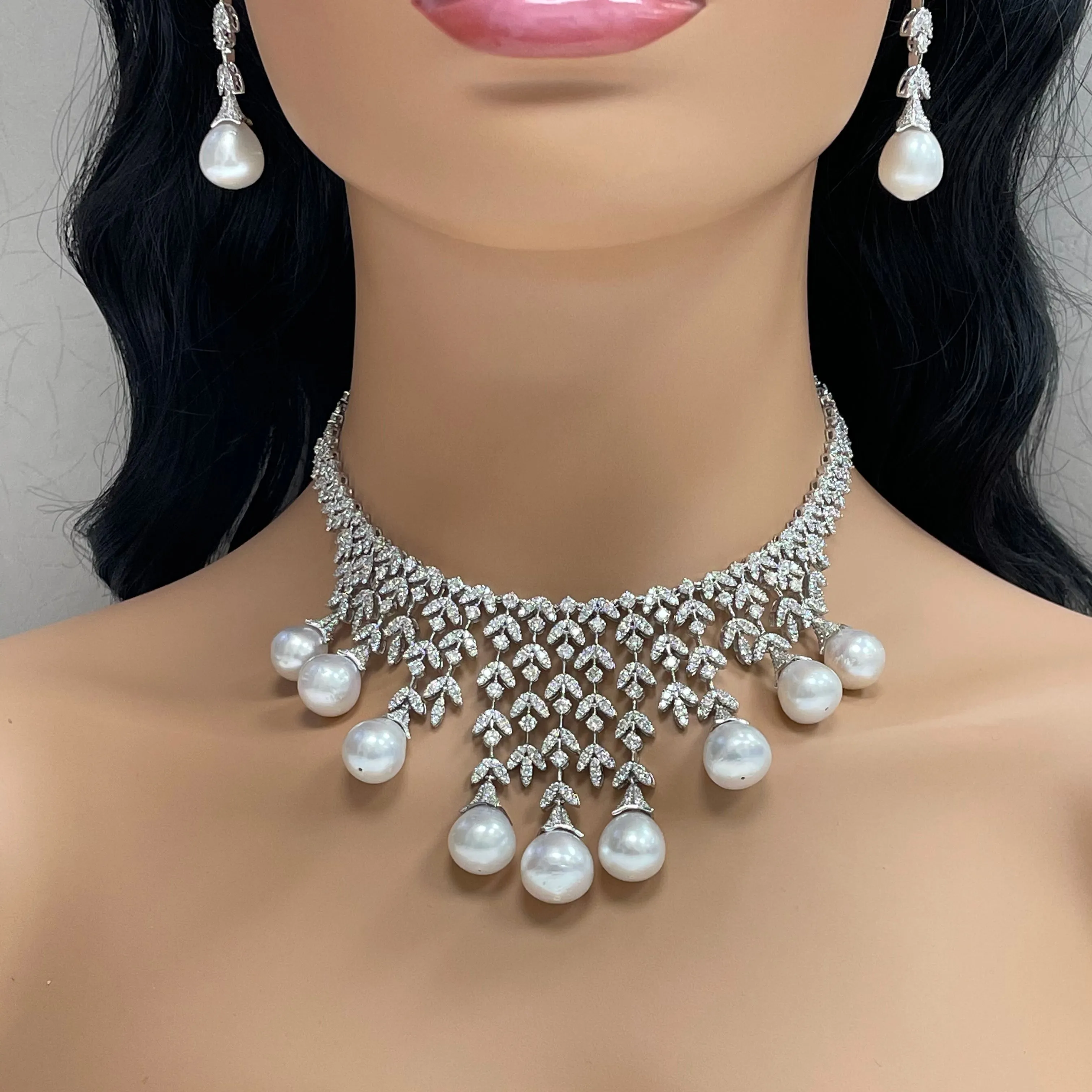 Diamond & Pearl Vines Suite (191.35 ct Pearls & Diamonds) in White Gold