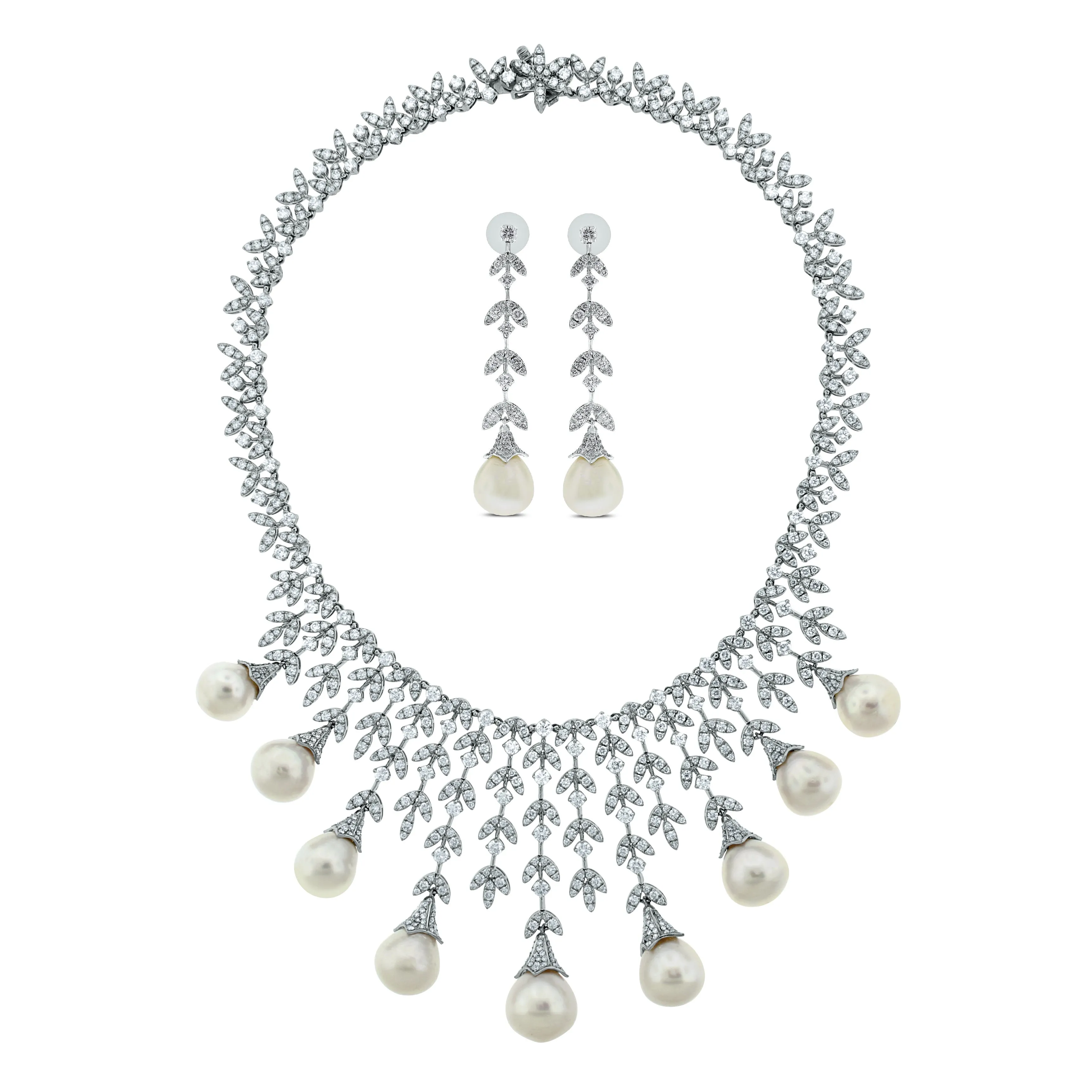 Diamond & Pearl Vines Suite (191.35 ct Pearls & Diamonds) in White Gold