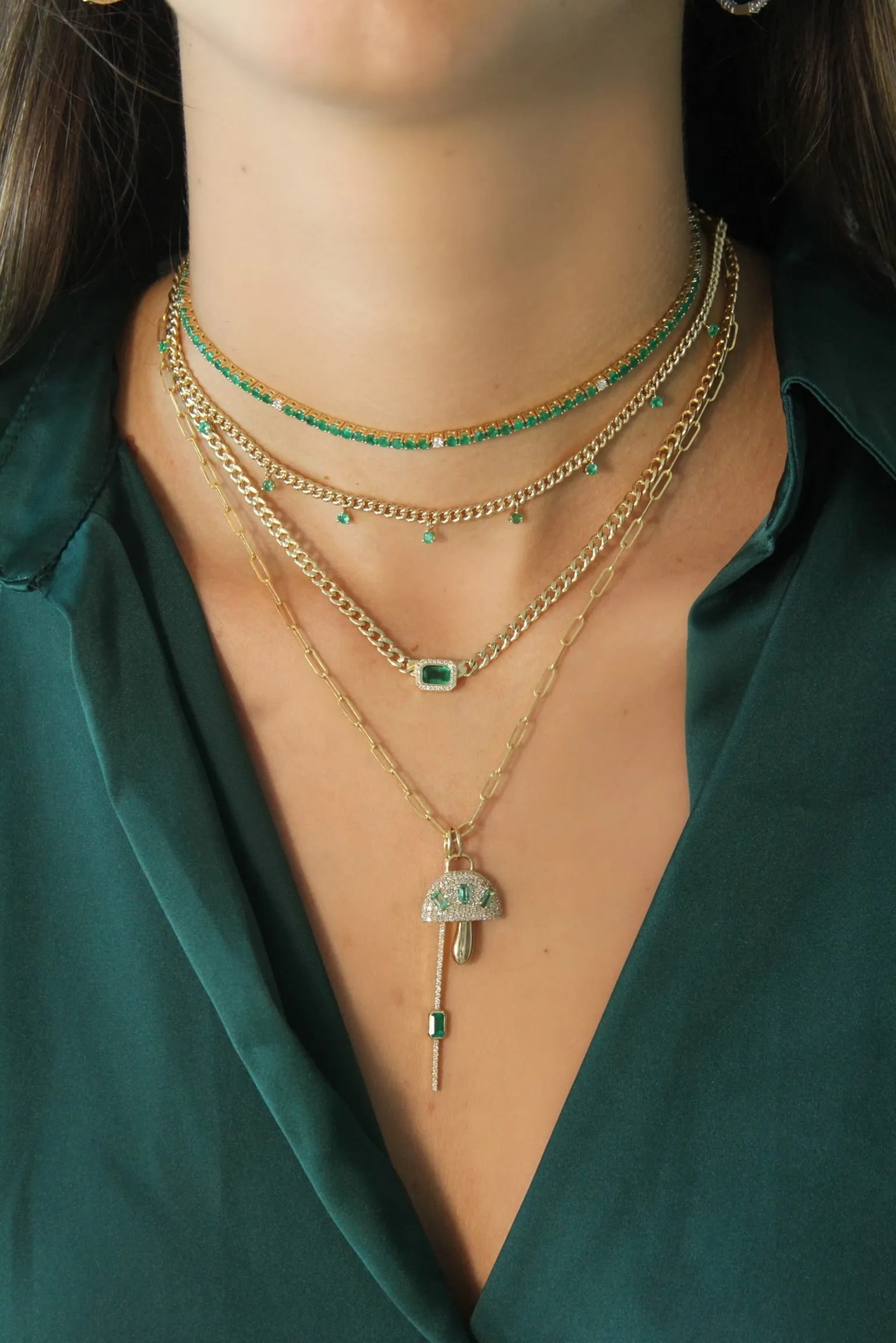 Diamond Pave Mushroom with Emerald Baguettes Charm
