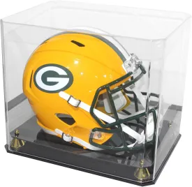 DisplayGifts Pro UV Football Helmet Display Case Stand fits Adult Size Baseball, Ice Hockey, Motorcycle, Football Helmets, One Piece Cover No Assembly, Showcase with Gold Risers