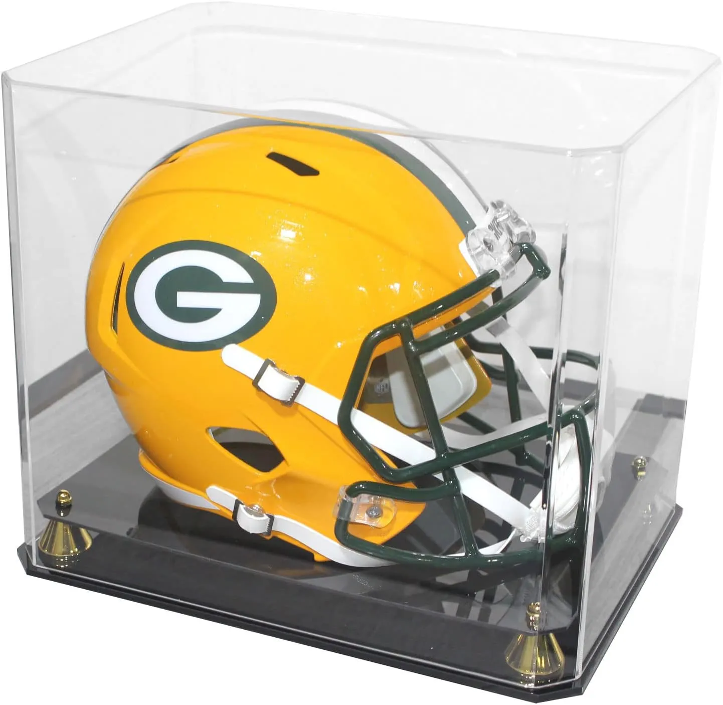 DisplayGifts Pro UV Football Helmet Display Case Stand fits Adult Size Baseball, Ice Hockey, Motorcycle, Football Helmets, One Piece Cover No Assembly, Showcase with Gold Risers
