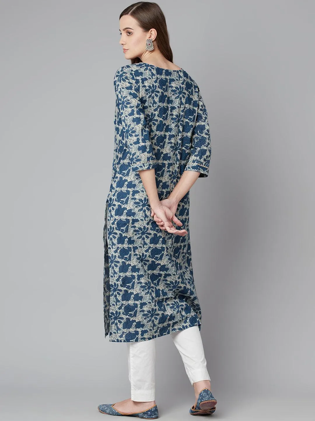Divena Blue Floral Cotton Straight Kurta