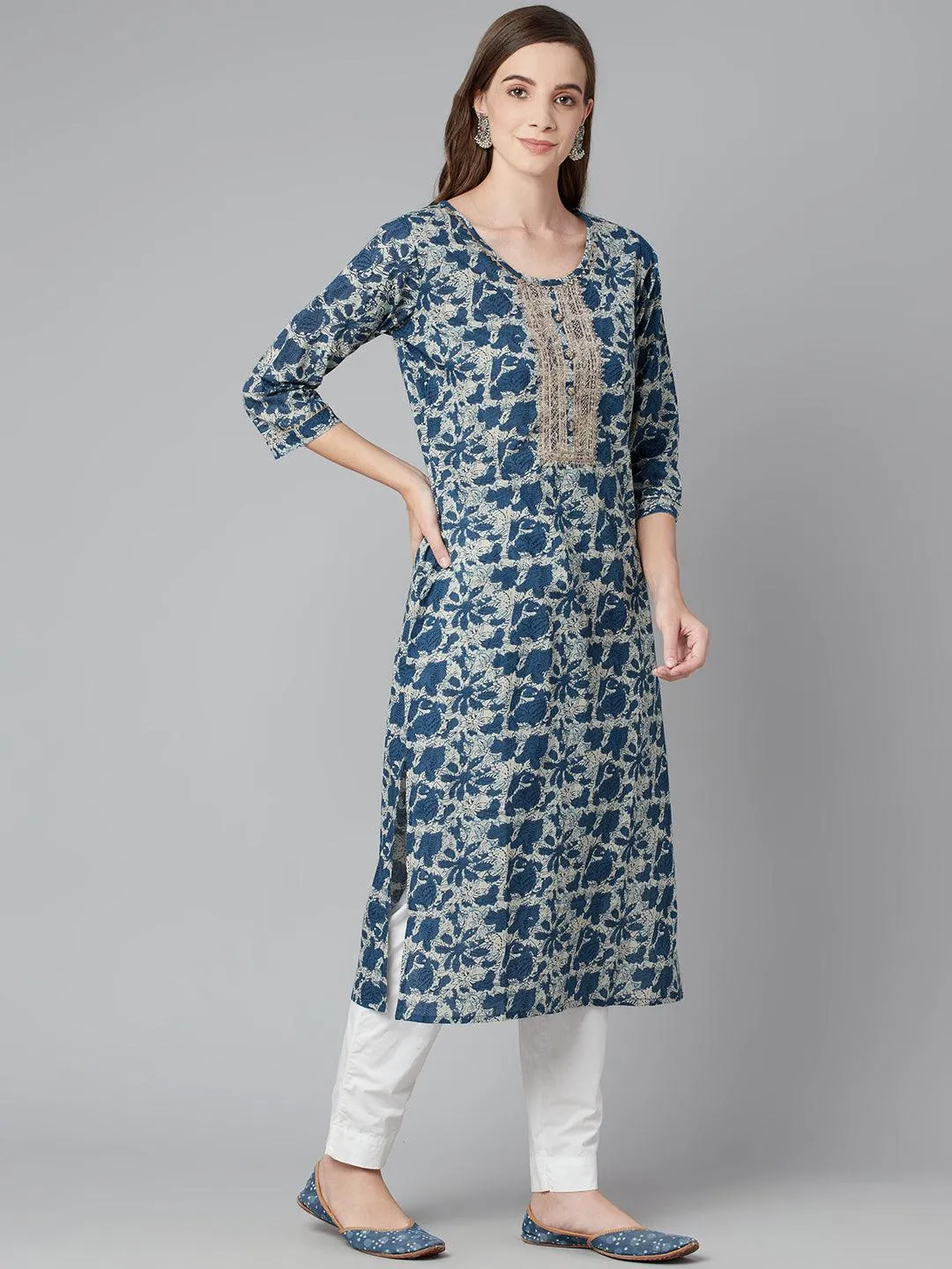 Divena Blue Floral Cotton Straight Kurta