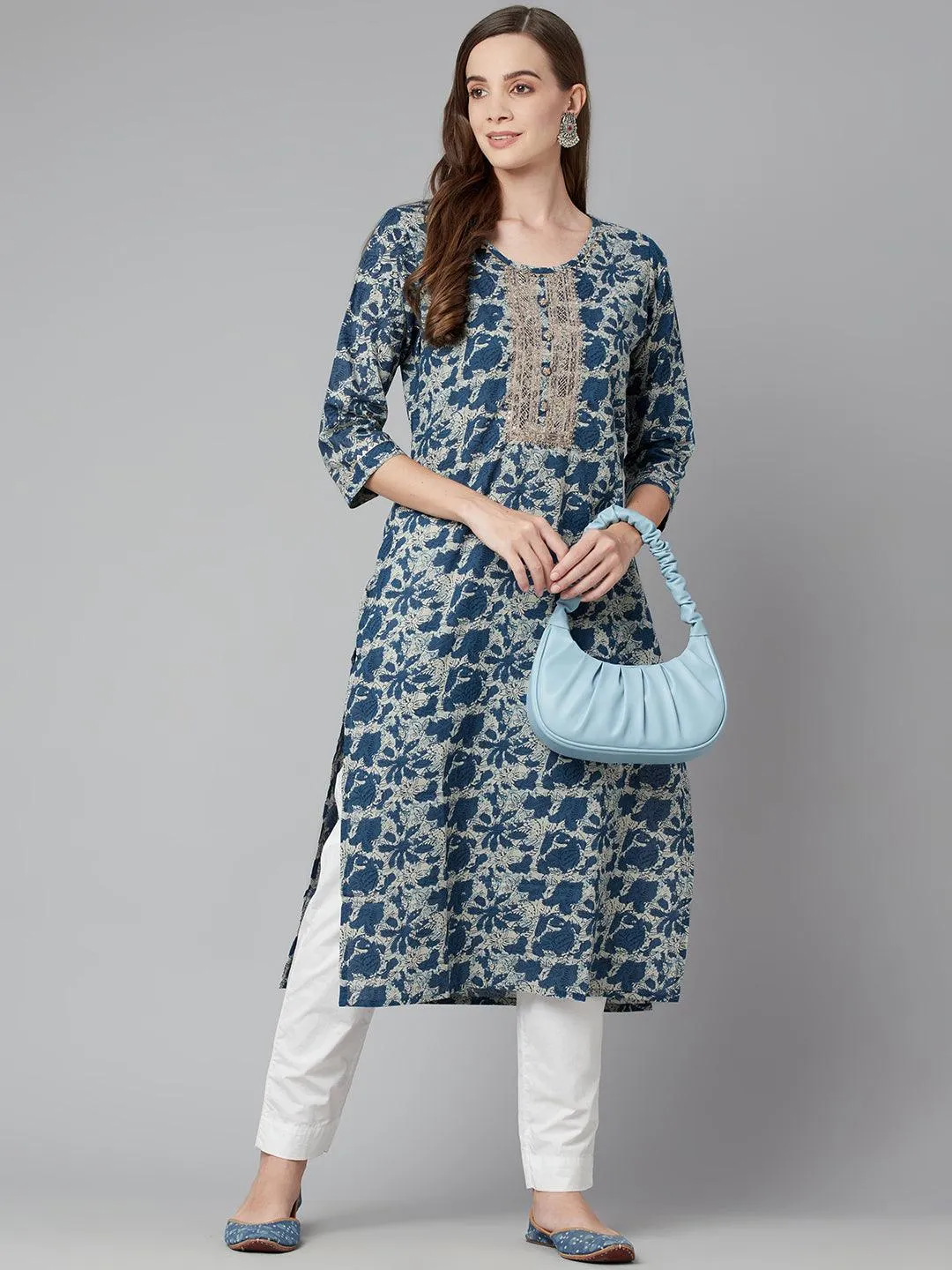 Divena Blue Floral Cotton Straight Kurta