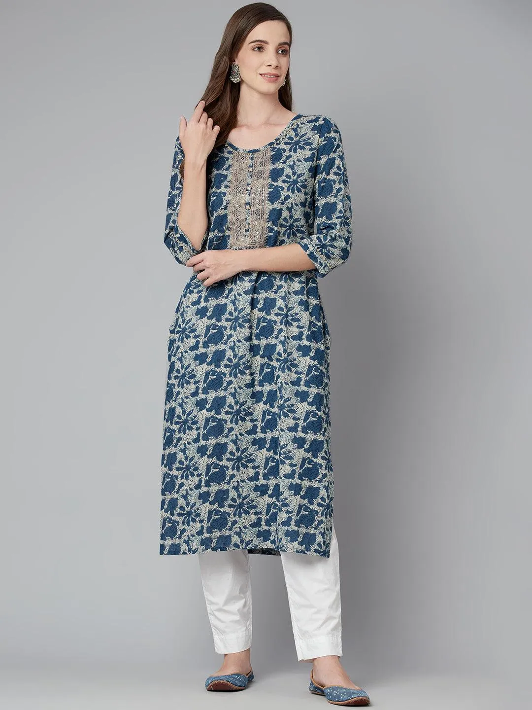 Divena Blue Floral Cotton Straight Kurta
