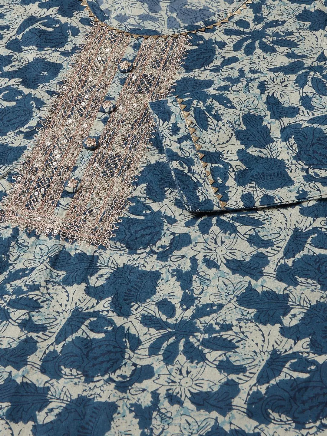 Divena Blue Floral Cotton Straight Kurta