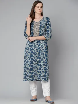 Divena Blue Floral Cotton Straight Kurta