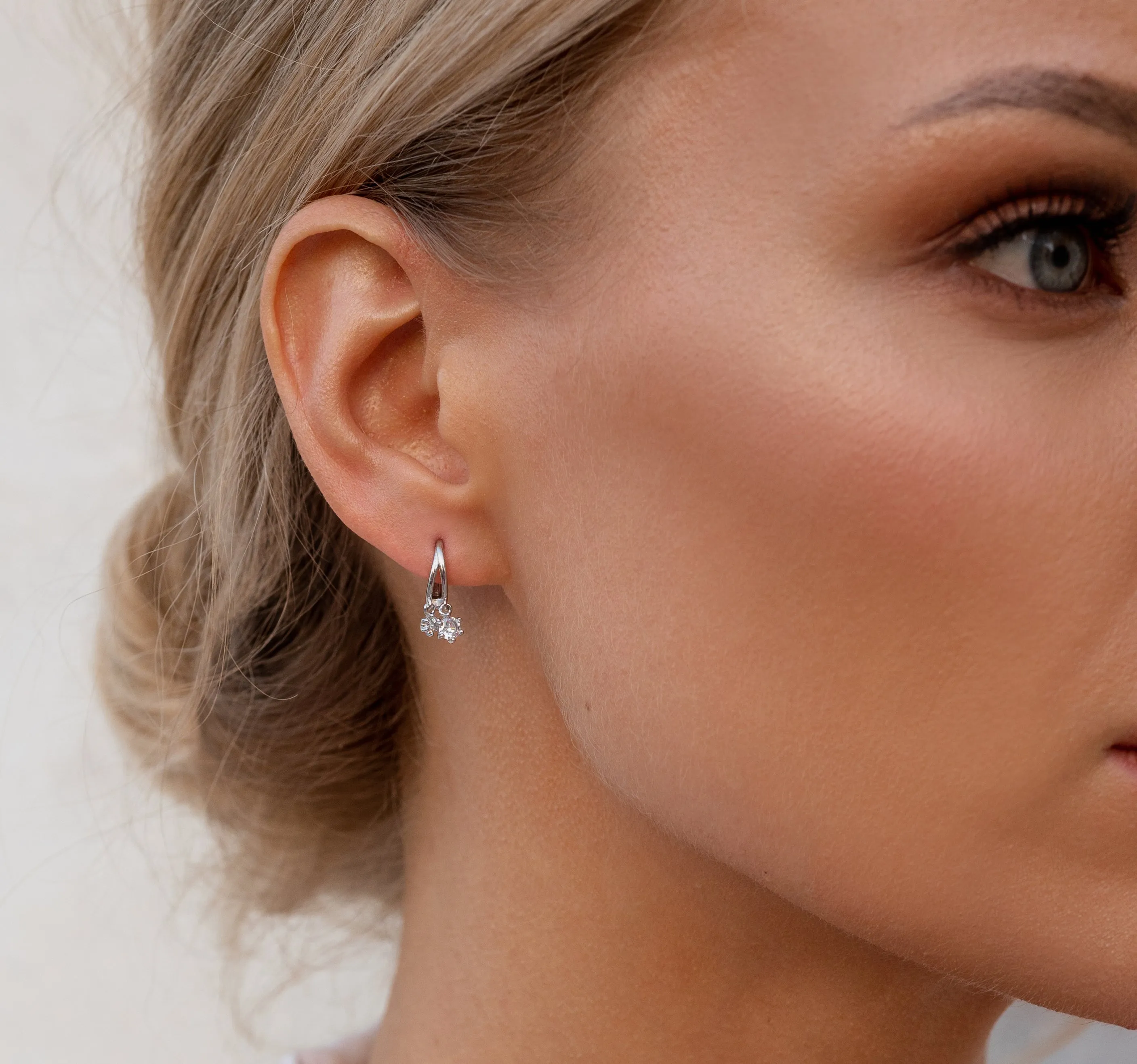 Double Crystal Drop Silver Huggie Hoops