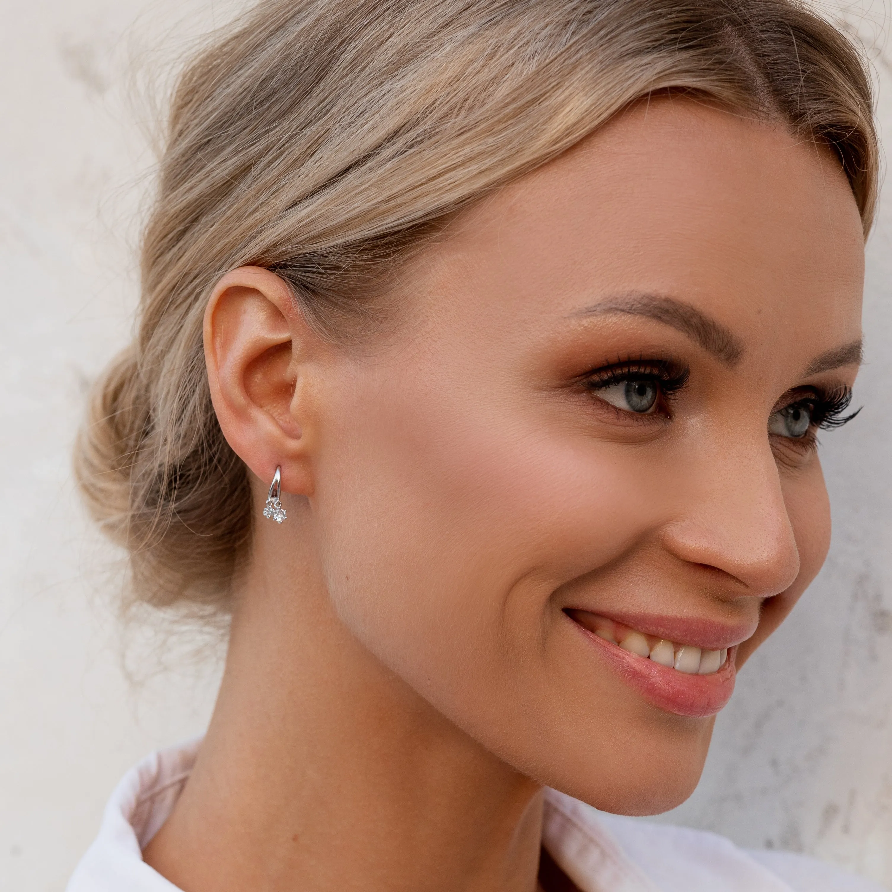 Double Crystal Drop Silver Huggie Hoops