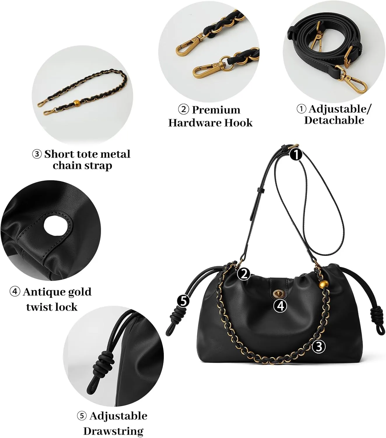 Drawstring Hobo Purse for Women Trendy Bucket Shoulder Bag With Top Chain Handle And Long Crossbody Strap
