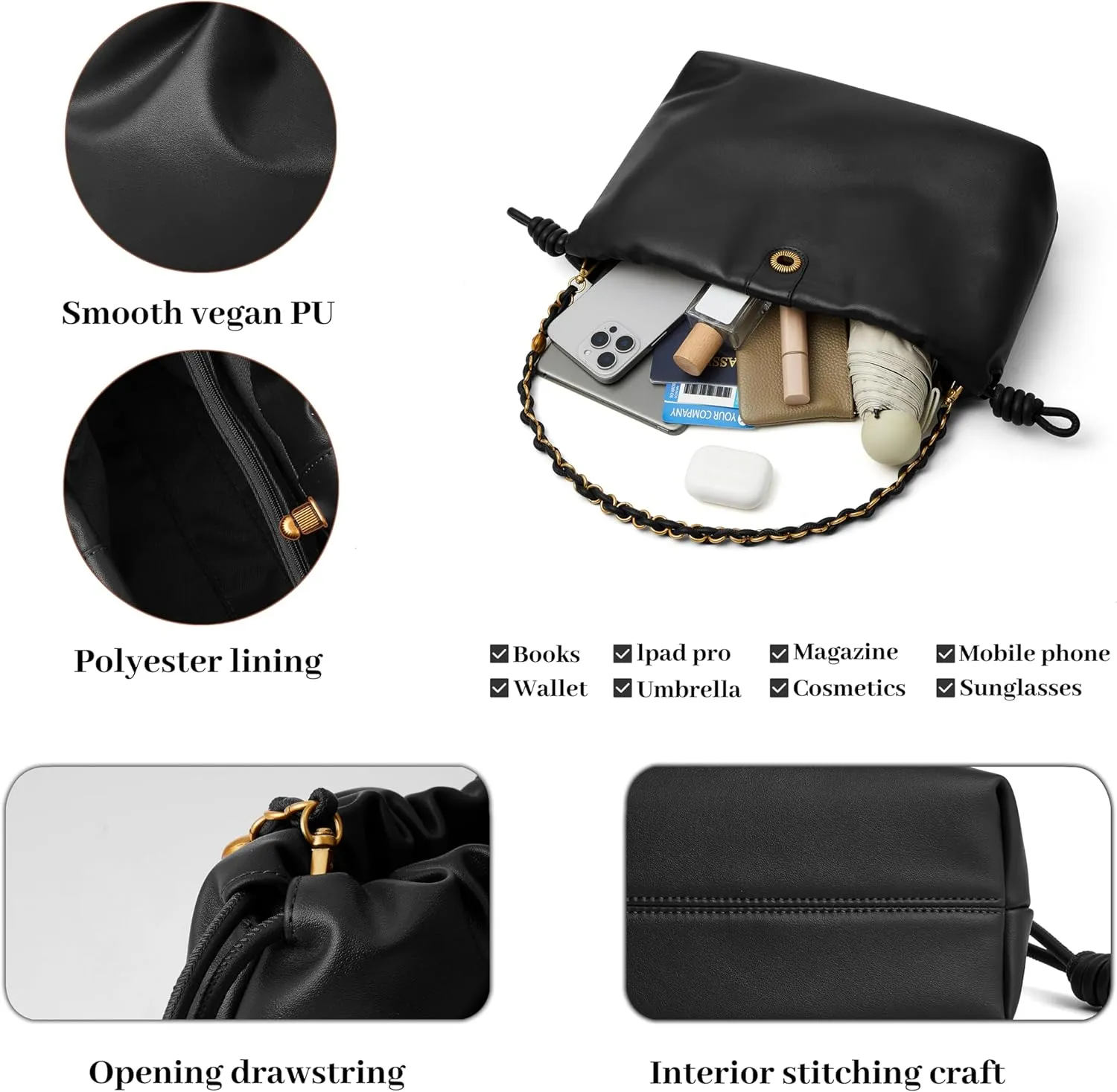 Drawstring Hobo Purse for Women Trendy Bucket Shoulder Bag With Top Chain Handle And Long Crossbody Strap