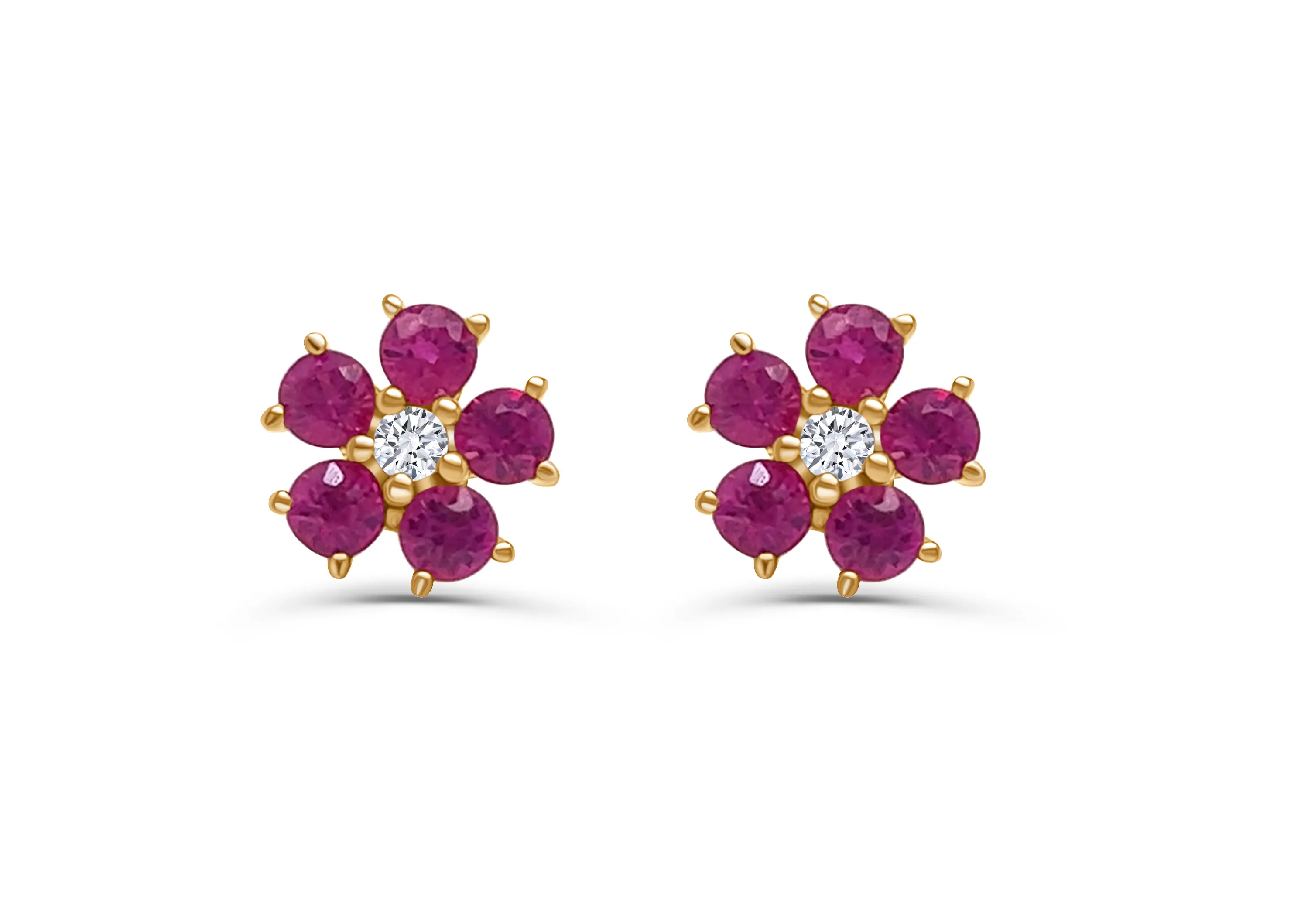 Earrings 14kt Gold Flowers Rubies & Diamonds Studs
