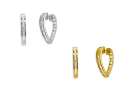 Earrings 18kt Gold Heart Shape & Baguette Diamonds Huggies