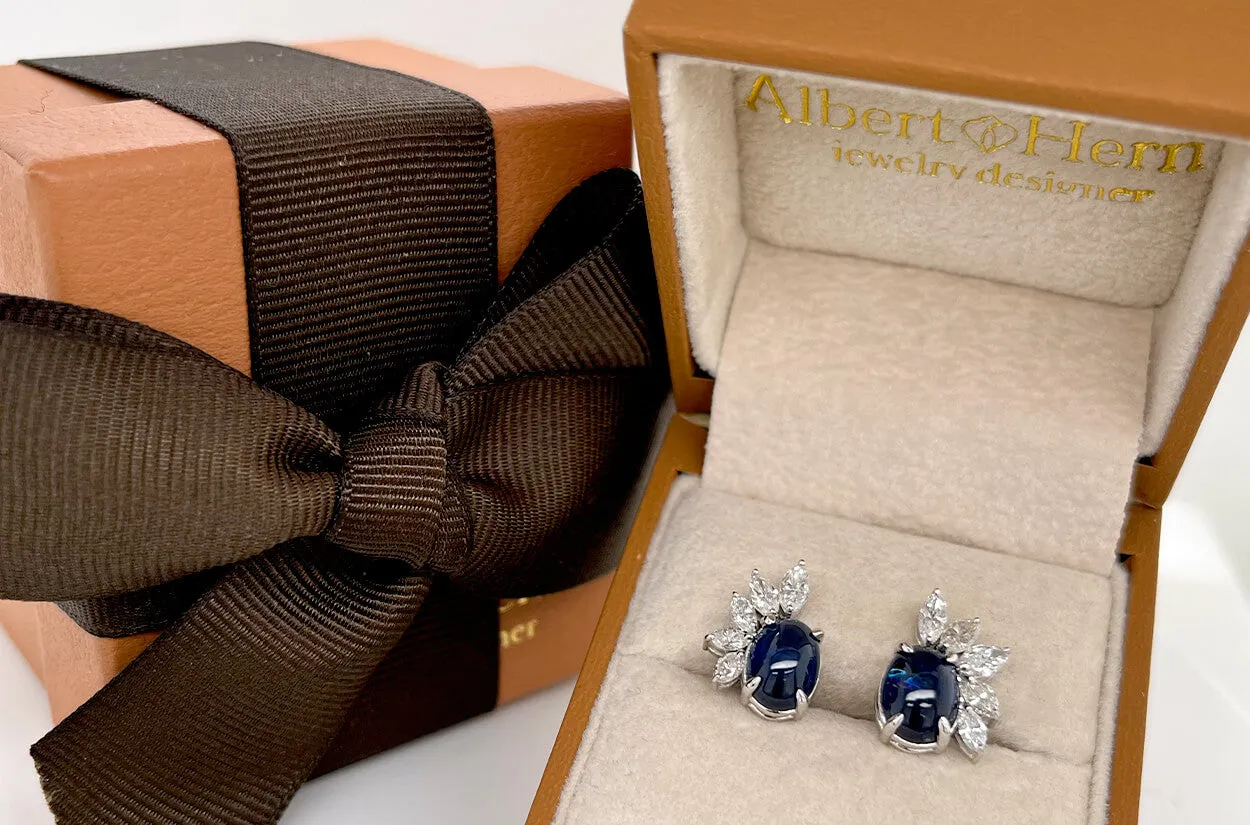 Earrings 18kt Gold Oval Sapphires Cabochon & Diamonds Flowers