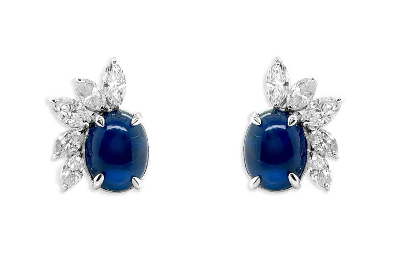 Earrings 18kt Gold Oval Sapphires Cabochon & Diamonds Flowers