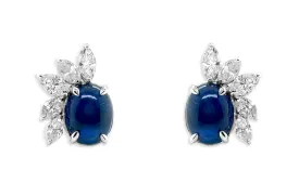 Earrings 18kt Gold Oval Sapphires Cabochon & Diamonds Flowers