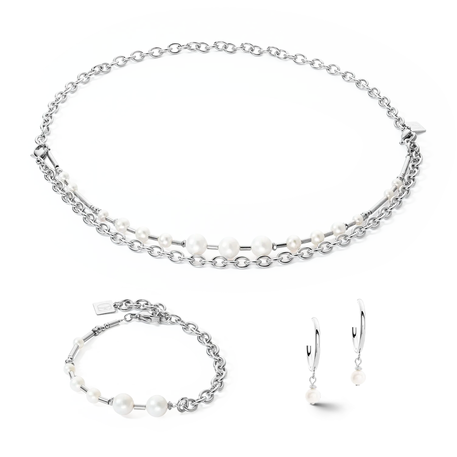 Earrings Creole Freshwater Pearls & chain Multiwear silver