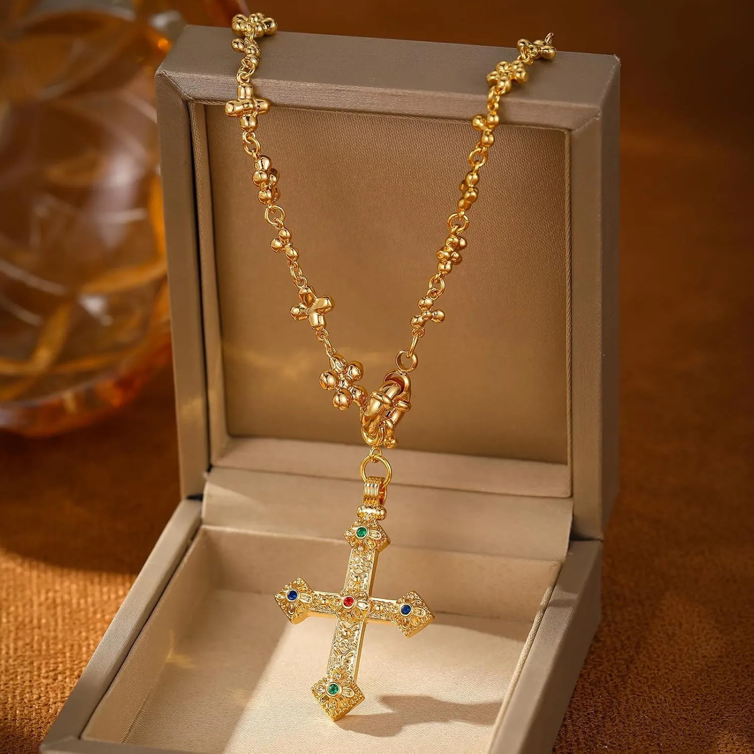 Elegant Gold-tone Cross Necklace with Detailed Filigree Design - Lightweight Religious Jewelry with a Classic Touch - adjustable 66cm Chain