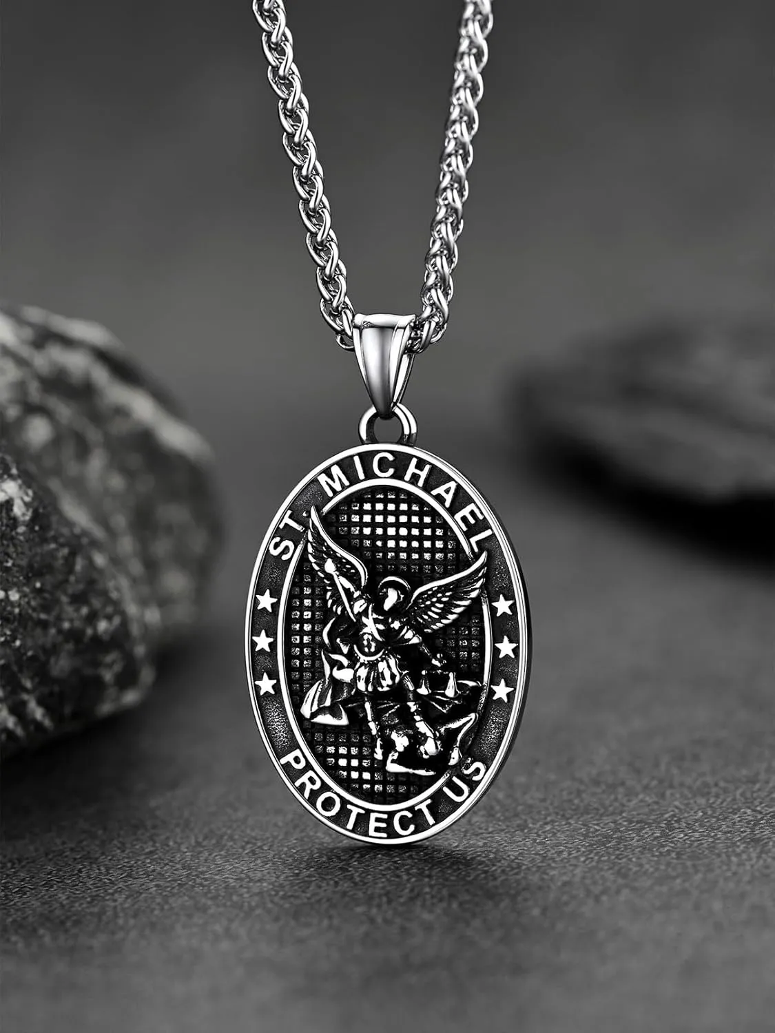 FaithHeart Saint Michael Necklace, Stainless Steel/18K Gold Plated St Michael the Archangel Pendant Amulet for Men Women with Gift Packaging