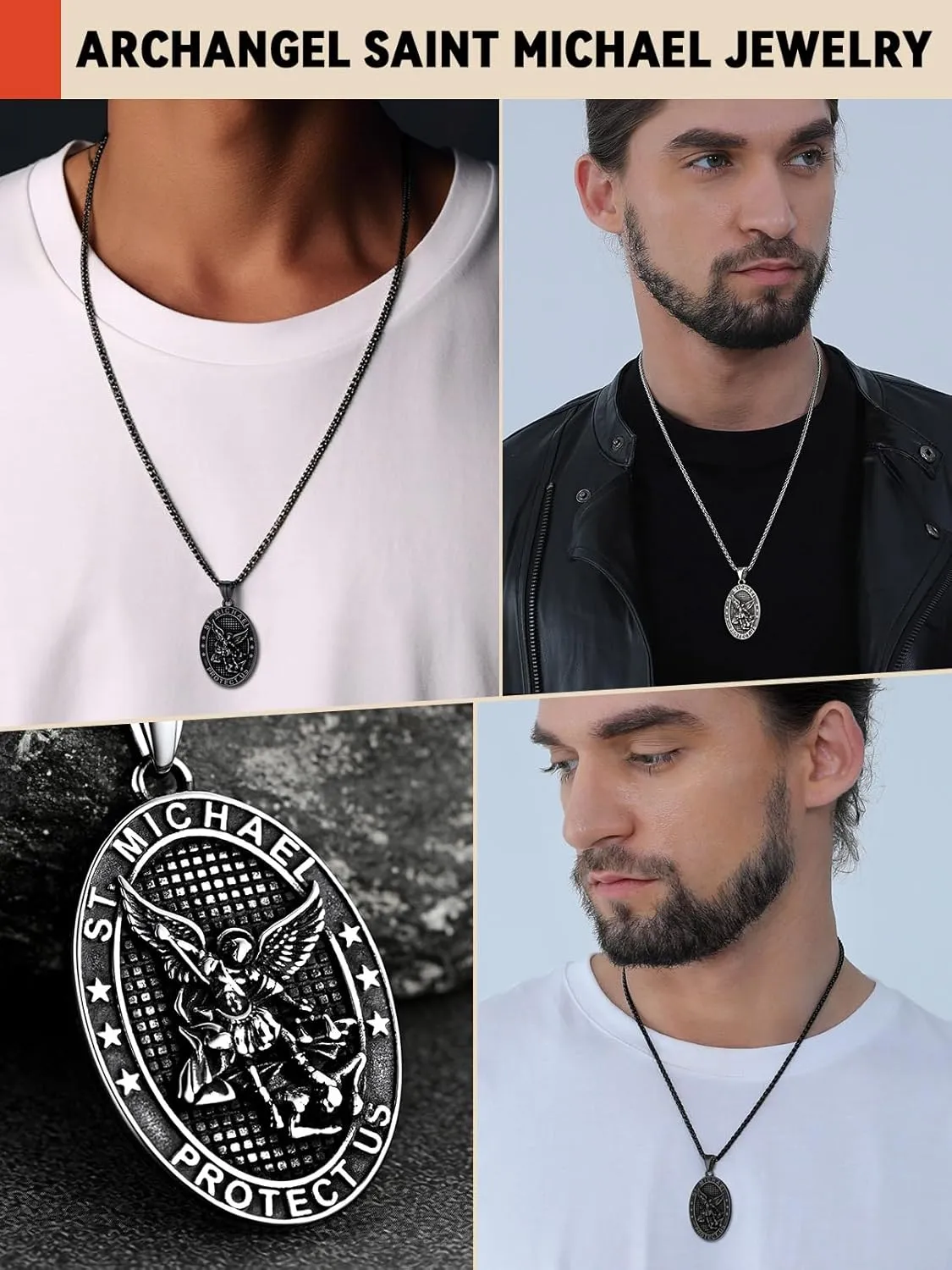 FaithHeart Saint Michael Necklace, Stainless Steel/18K Gold Plated St Michael the Archangel Pendant Amulet for Men Women with Gift Packaging