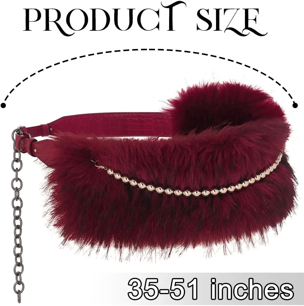 Fur Leather Belt Women Punk Belt Wide Beads Chain Belts for Dresses and Pants