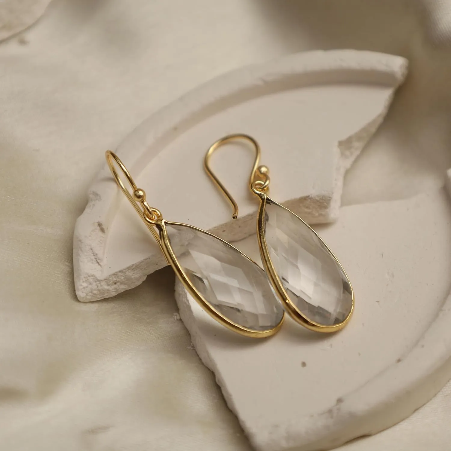 Gempires Clear Quartz Faceted Long Pear Gemstone Drop Dangle Hook Earrings, Statement Jewelry For Her, 1.5 inch Drop 14K Gold Plated, Gift For Woman (Clear Quartz)