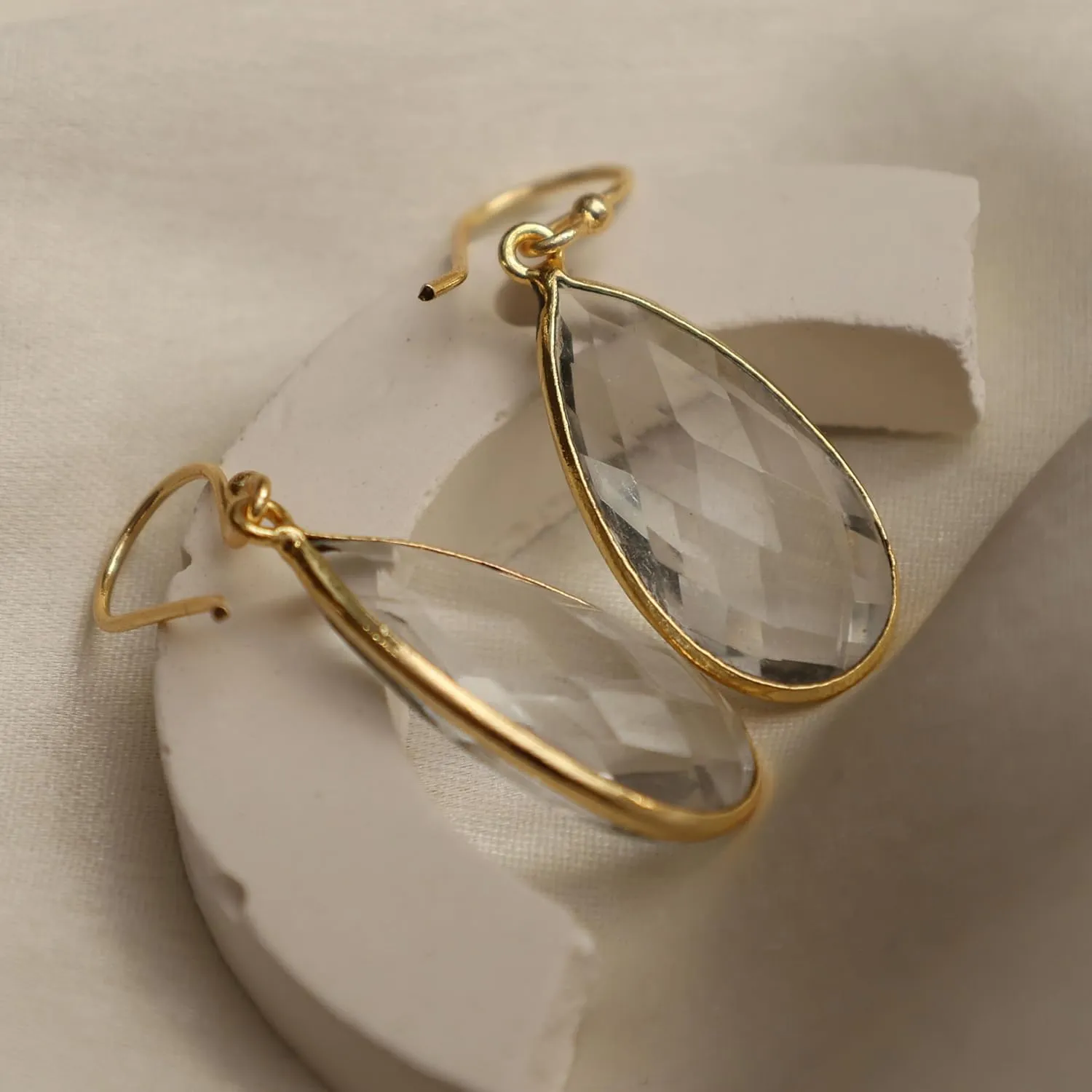 Gempires Clear Quartz Faceted Long Pear Gemstone Drop Dangle Hook Earrings, Statement Jewelry For Her, 1.5 inch Drop 14K Gold Plated, Gift For Woman (Clear Quartz)
