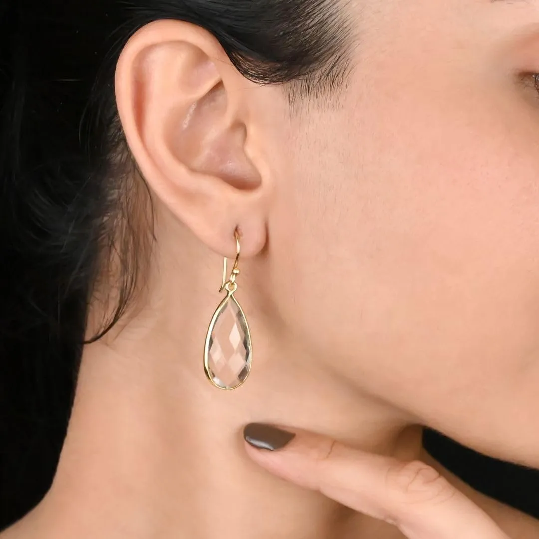 Gempires Clear Quartz Faceted Long Pear Gemstone Drop Dangle Hook Earrings, Statement Jewelry For Her, 1.5 inch Drop 14K Gold Plated, Gift For Woman (Clear Quartz)