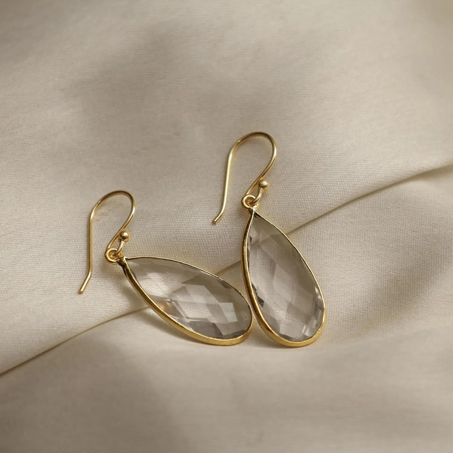 Gempires Clear Quartz Faceted Long Pear Gemstone Drop Dangle Hook Earrings, Statement Jewelry For Her, 1.5 inch Drop 14K Gold Plated, Gift For Woman (Clear Quartz)