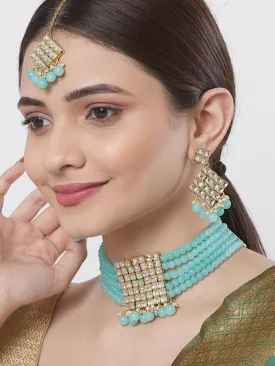 Gold-Plated Embellished Kundan and Sky Blue Beads Handcrafted Choker Necklace Set