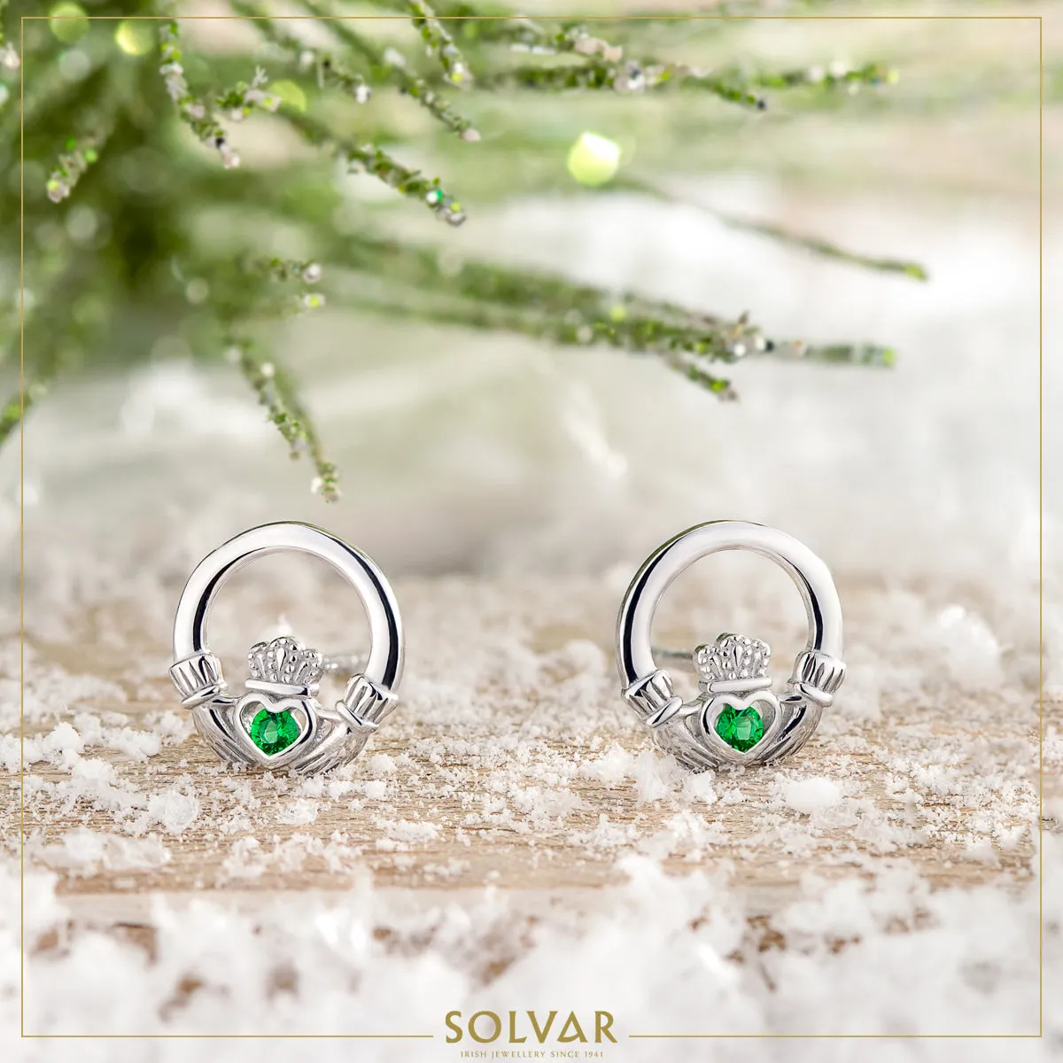 GREEN CRYSTAL CLADDAGH STUD EARRINGS