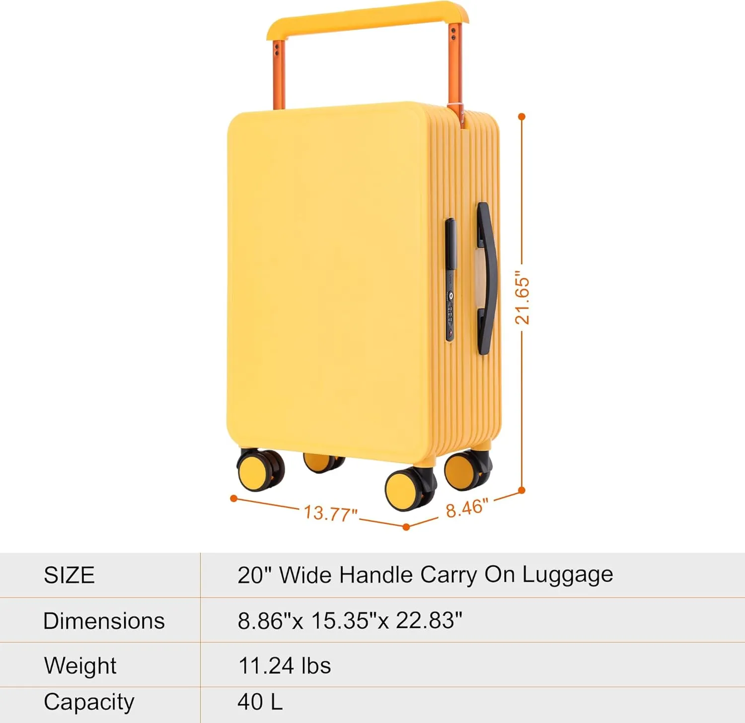 Hard Shell Carry On Luggage 22x14x9 Airline Approved, Wide Handle Hard Case Luggage, Ziperless Away Carry on Luggage, 20 inch, Yellow