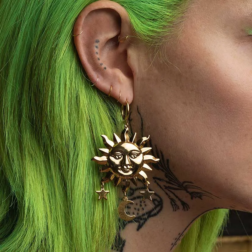 HELIOS. Sun & Moon Dream Catcher Hoop Earrings - Gold