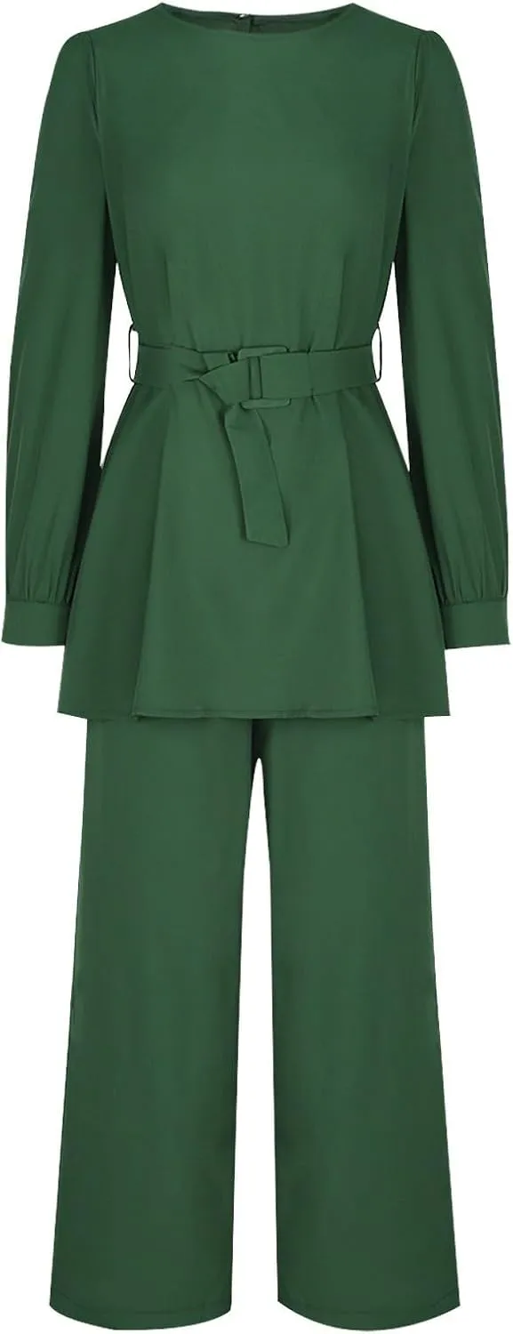HGps8w Women's Muslim 2 Pieces Sets Dressy Long Sleeve Belted Tunic Shirt and Pants Ramadan Abaya Islamic Dubai Outfits