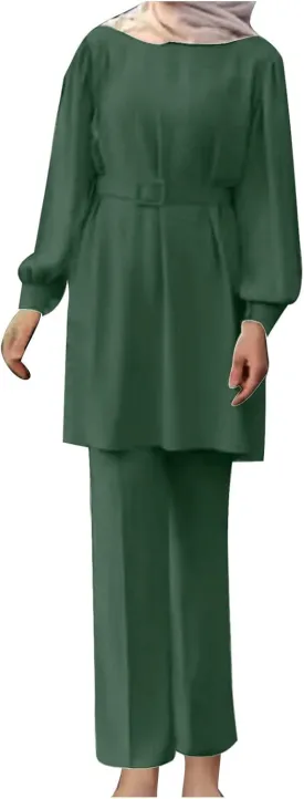 HGps8w Women's Muslim 2 Pieces Sets Dressy Long Sleeve Belted Tunic Shirt and Pants Ramadan Abaya Islamic Dubai Outfits